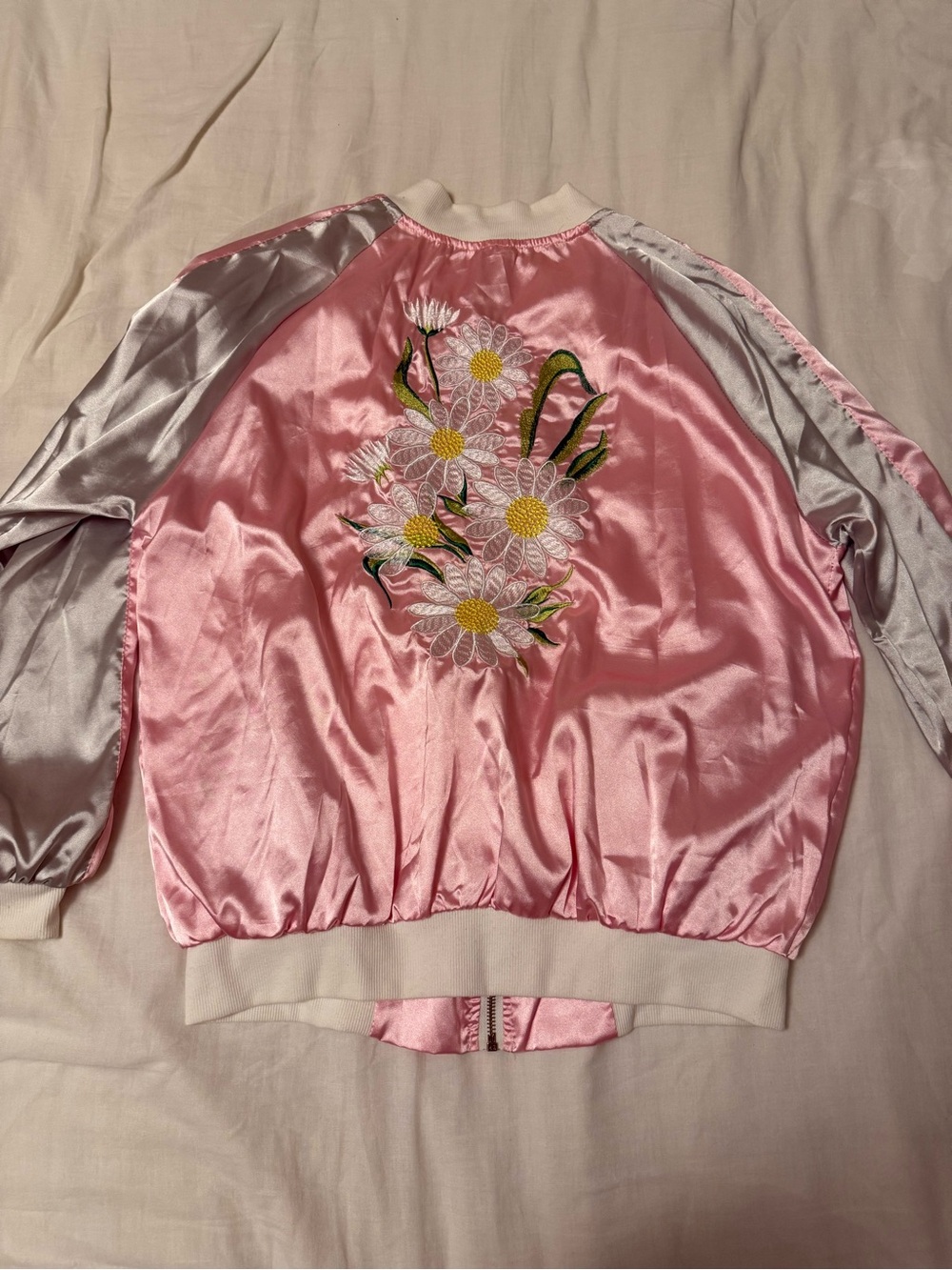 Pink Satin Bomber Jacket with Floral design on back